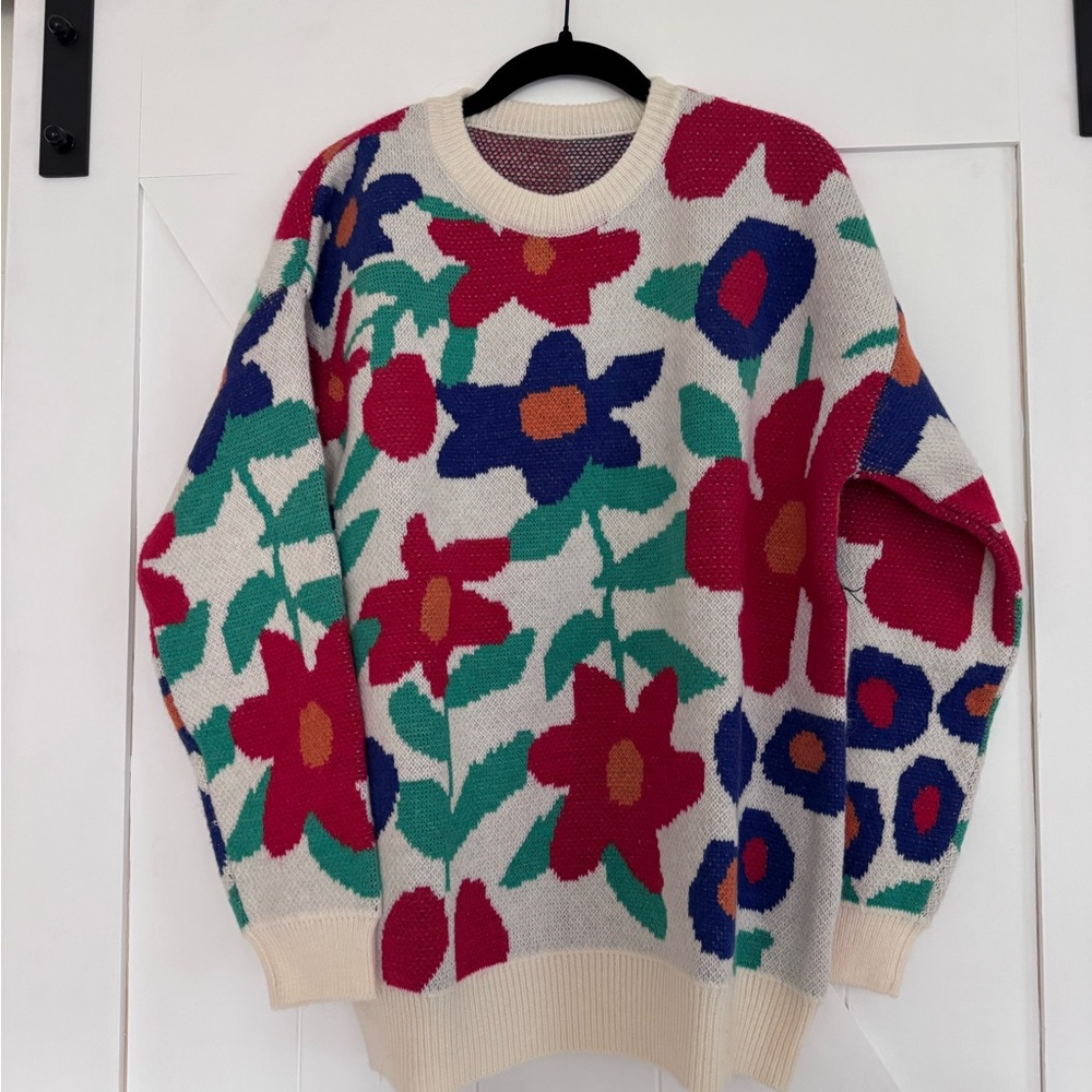 Floral Crewneck Sweater in Ivory with Multicolor Blooms